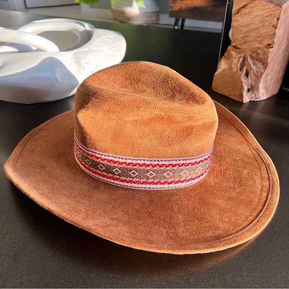 Tan Suede Wide-Brim Hat with Patterned Boho Band - Picture 2 of 7